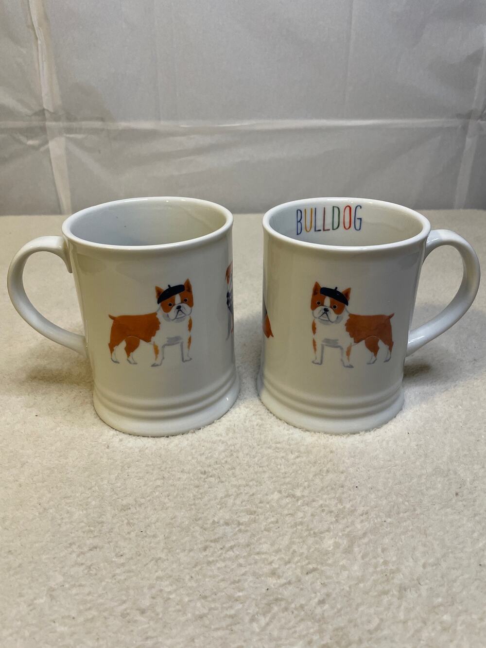 Fringe Set Of French Bulldog Mugs White Ceramic Dogs in Berets